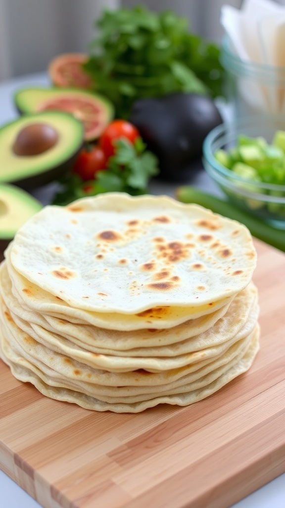 A stack of warm gluten-free tortillas on a cutting board with fresh ingredients in the background.